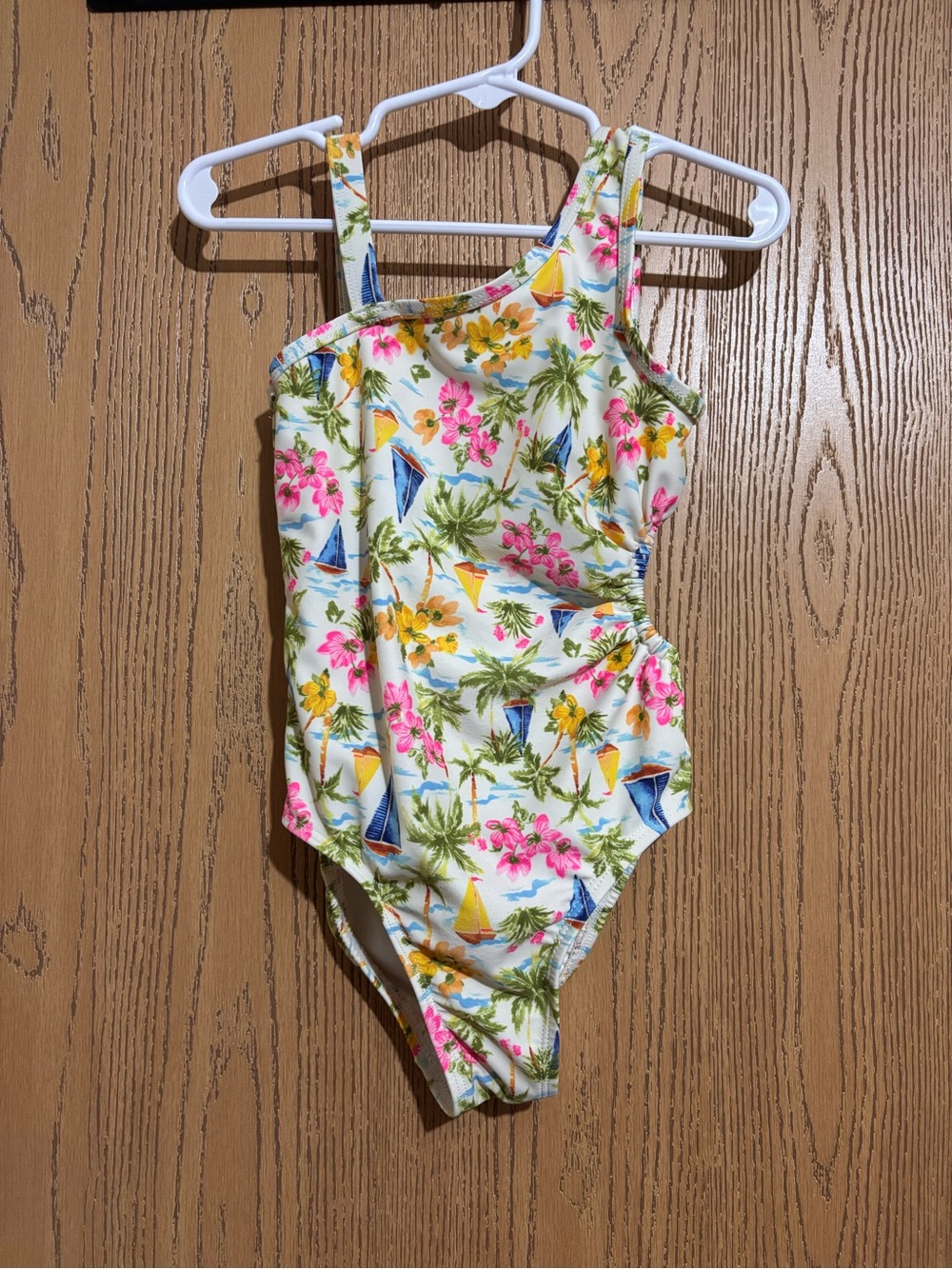Old Navy Tropical One-Shoulder Swimsuit - White with Pink, Green & Yellow - 5T